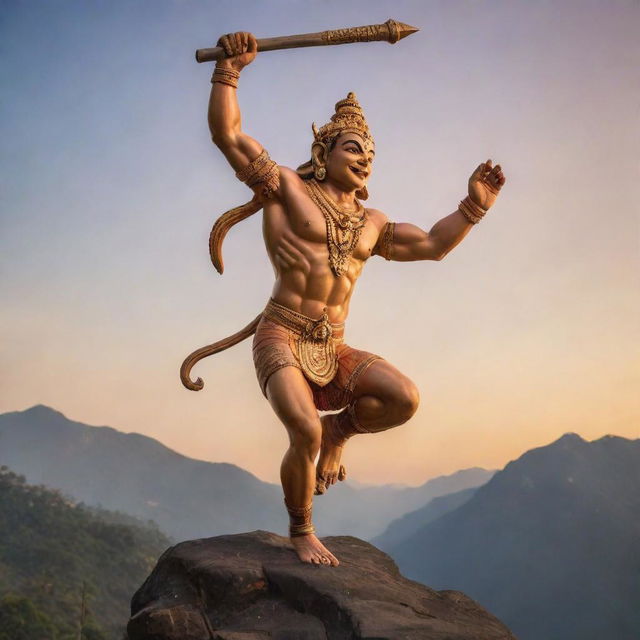 Depict the Hindu deity Hanuman in his typical iconography, leaping into the air with a mountain in one hand and mace in the other, set against a sunset backdrop.