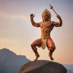 Depict the Hindu deity Hanuman in his typical iconography, leaping into the air with a mountain in one hand and mace in the other, set against a sunset backdrop.