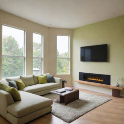 A modern living room with one light bright green accent wall and three light beige walls. Complete the scene with contemporary furniture and large windows letting in natural light.