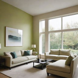 A modern living room with one light bright green accent wall and three light beige walls. Complete the scene with contemporary furniture and large windows letting in natural light.