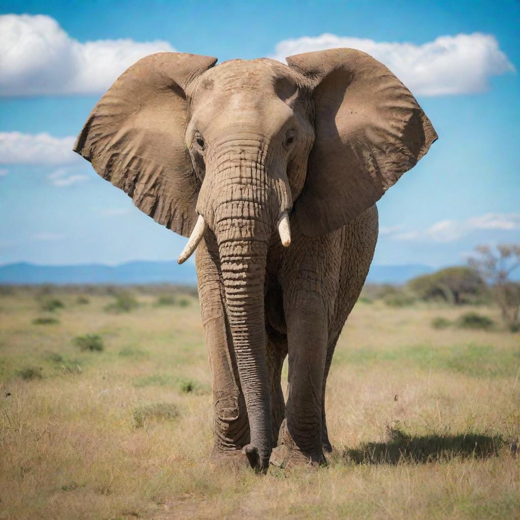 A majestic, large elephant standing commandingly with its long trunk and tusks in a vibrant green African savannah under a blue sky.