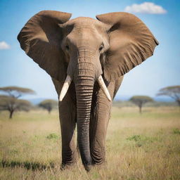 A majestic, large elephant standing commandingly with its long trunk and tusks in a vibrant green African savannah under a blue sky.