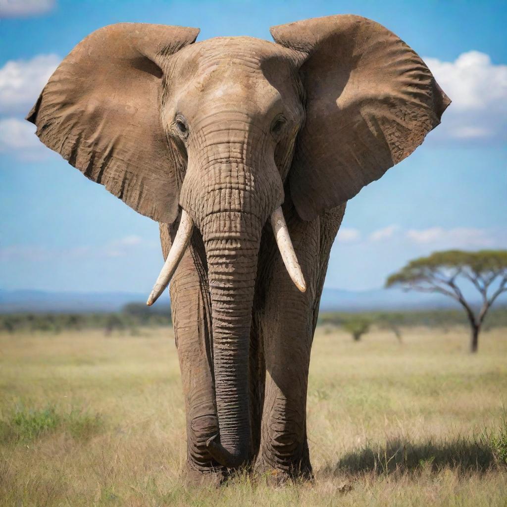 A majestic, large elephant standing commandingly with its long trunk and tusks in a vibrant green African savannah under a blue sky.