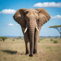 A majestic, large elephant standing commandingly with its long trunk and tusks in a vibrant green African savannah under a blue sky.