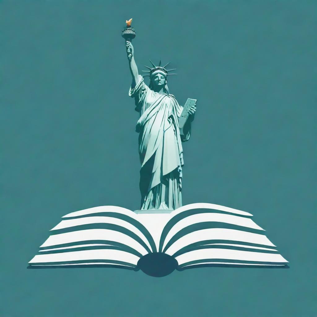 Design a logo featuring an open book and the iconic Statue of Liberty integrated harmoniously into one unified image