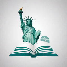 Design a logo featuring an open book and the iconic Statue of Liberty integrated harmoniously into one unified image