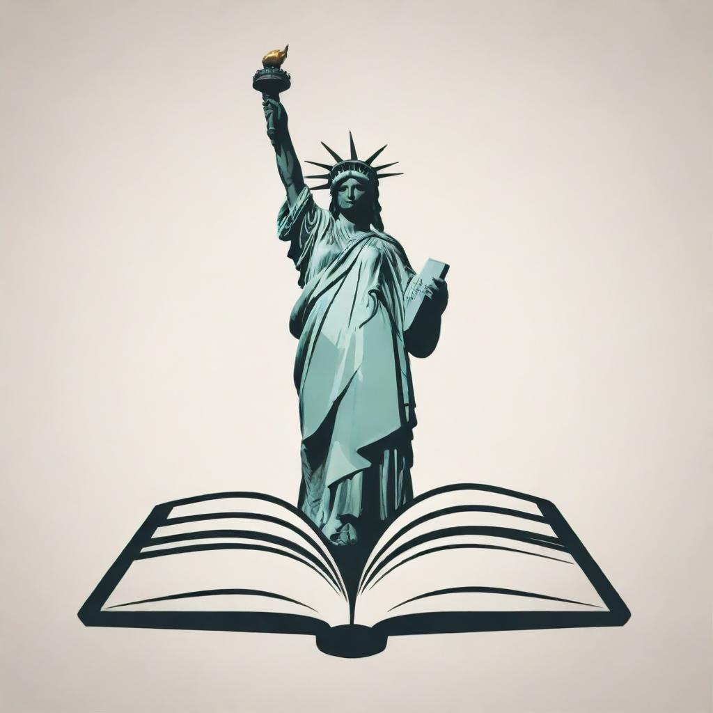 Design a logo featuring an open book and the iconic Statue of Liberty integrated harmoniously into one unified image