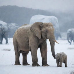 A majestic snow bear alongside a grand elephant in a serene winter landscape.