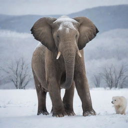 A majestic snow bear alongside a grand elephant in a serene winter landscape.