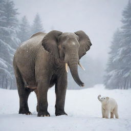 A majestic snow bear alongside a grand elephant in a serene winter landscape.