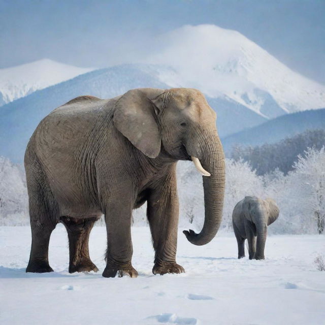 A majestic snow bear alongside a grand elephant in a serene winter landscape.