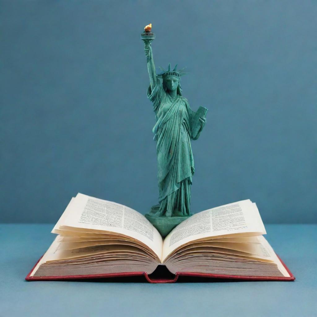 Create a creative and unique logo featuring an open book where pages transform into the Statue of Liberty with a touch of artistic flair