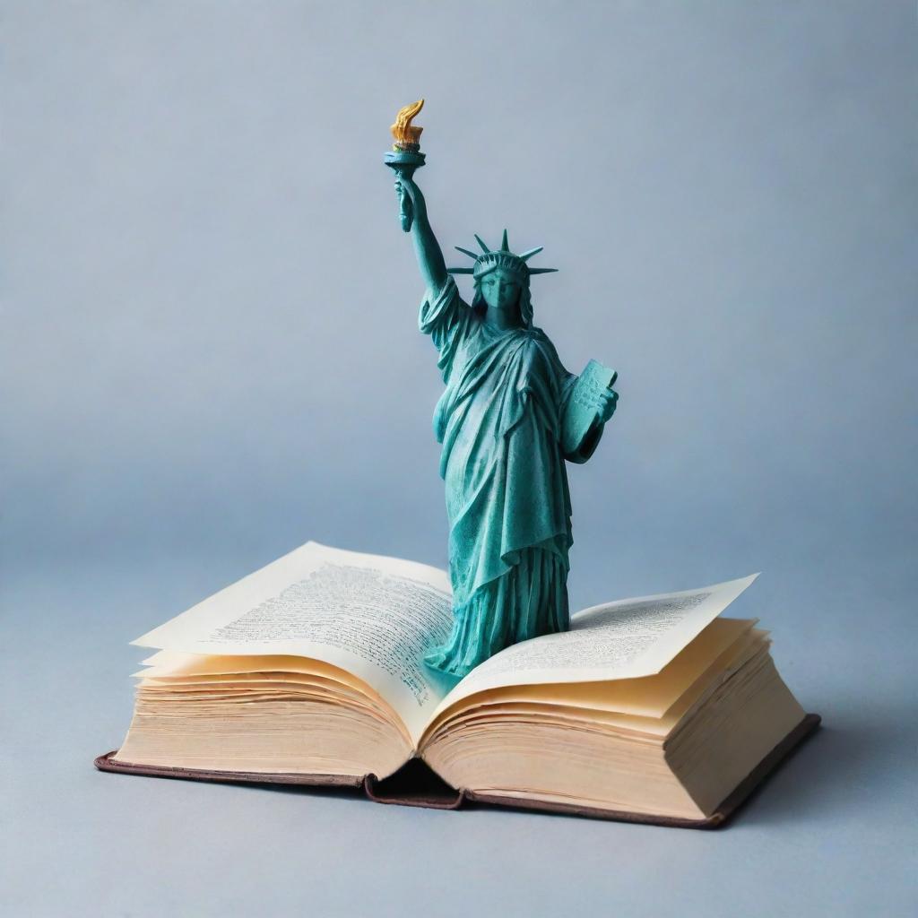 Create a creative and unique logo featuring an open book where pages transform into the Statue of Liberty with a touch of artistic flair