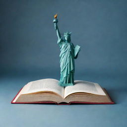 Create a creative and unique logo featuring an open book where pages transform into the Statue of Liberty with a touch of artistic flair