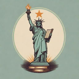 Design a vintage style logo featuring the Statue of Liberty holding a book instead of a torch, with a robust eagle soaring majestically above her head.