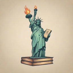 Design a vintage style logo featuring the Statue of Liberty holding a book instead of a torch, with a robust eagle soaring majestically above her head.