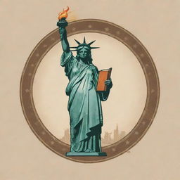 Design a vintage style logo featuring the Statue of Liberty holding a book instead of a torch, with a robust eagle soaring majestically above her head.