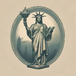 Design a vintage style logo featuring the Statue of Liberty holding a book instead of a torch, with a robust eagle soaring majestically above her head.