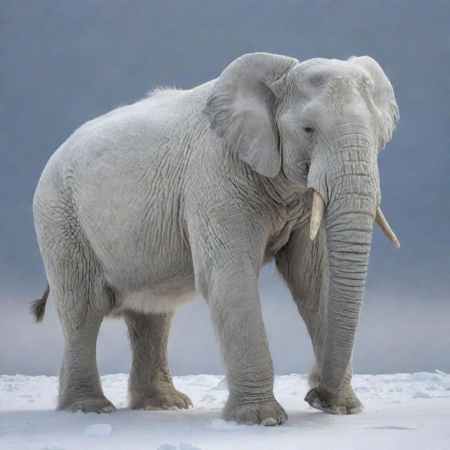 An imaginative hybrid creature with the sturdy, majestic physique of an elephant and the thick, frosty white fur of a polar bear.