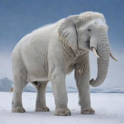 An imaginative hybrid creature with the sturdy, majestic physique of an elephant and the thick, frosty white fur of a polar bear.