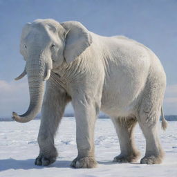 An imaginative hybrid creature with the sturdy, majestic physique of an elephant and the thick, frosty white fur of a polar bear.