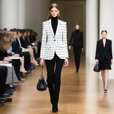 The designer's latest collection featured a test suit inspired by the courtroom, with black and white patterns and structured silhouettes.