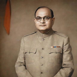 A dignified portrait of Netaji Subhash Chandra Bose in formal attire, set against a solemn backdrop of Indian national symbols.