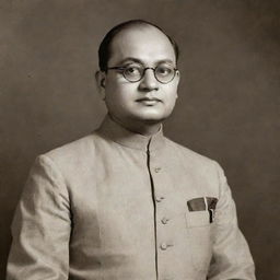 A dignified portrait of Netaji Subhash Chandra Bose in formal attire, set against a solemn backdrop of Indian national symbols.
