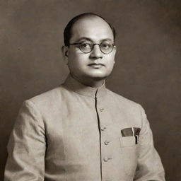 A dignified portrait of Netaji Subhash Chandra Bose in formal attire, set against a solemn backdrop of Indian national symbols.