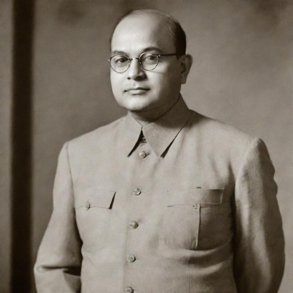 A dignified portrait of Netaji Subhash Chandra Bose in formal attire, set against a solemn backdrop of Indian national symbols.