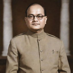 A dignified portrait of Netaji Subhash Chandra Bose in formal attire, set against a solemn backdrop of Indian national symbols.