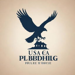 Create an attractive book logo. Logo to include the text 'USA Publishing House', the silhouette of a house, and a perched eagle on top. The style to be modern and sophisticated.