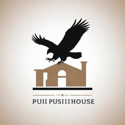 Create an attractive book logo. Logo to include the text 'USA Publishing House', the silhouette of a house, and a perched eagle on top. The style to be modern and sophisticated.