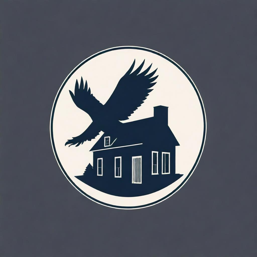 Create an attractive book logo. Logo to include the text 'USA Publishing House', the silhouette of a house, and a perched eagle on top. The style to be modern and sophisticated.