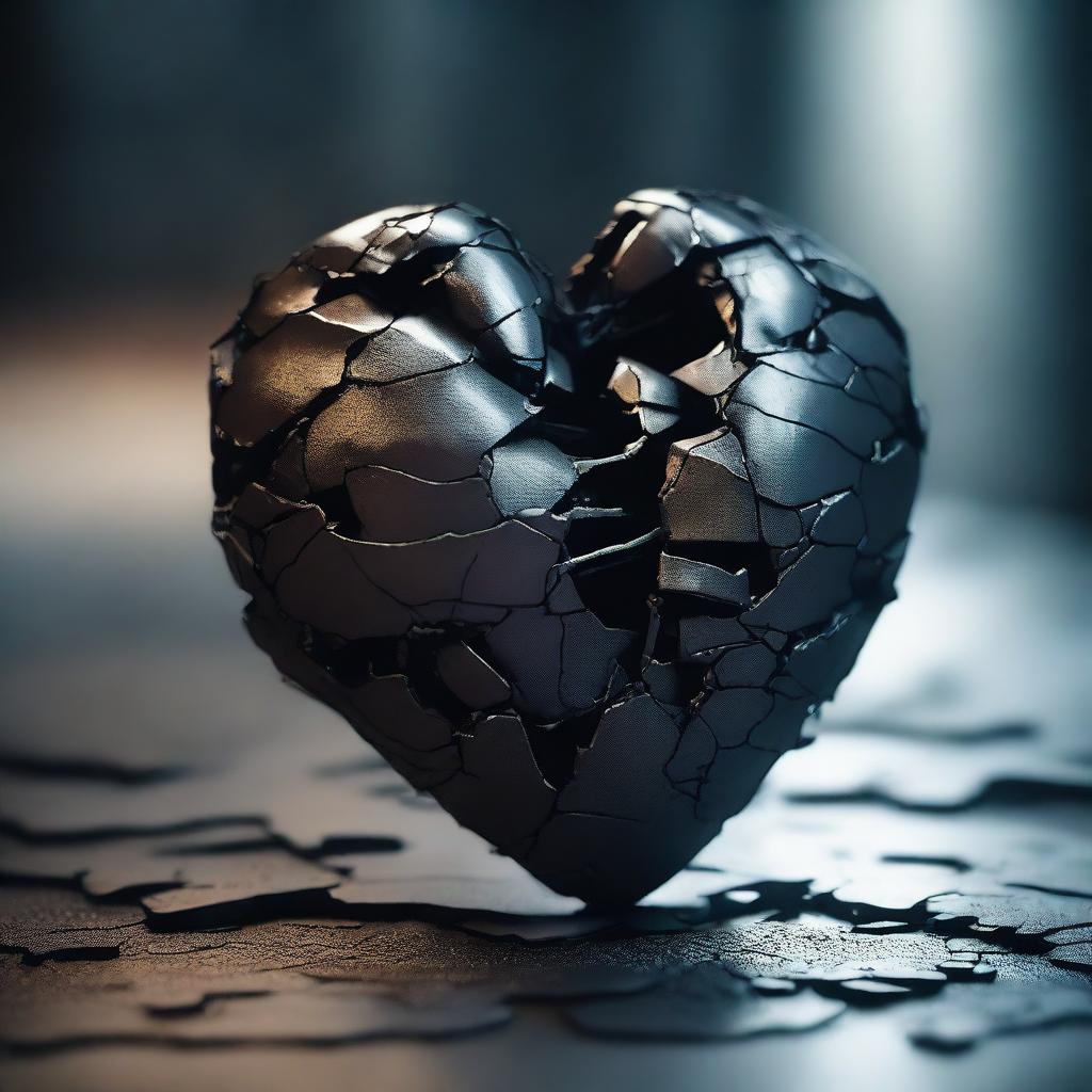 An image of a heart, cracked and fragmented, in a moody setting