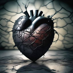 An image of a heart, cracked and fragmented, in a moody setting