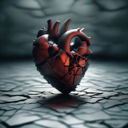 An image of a heart, cracked and fragmented, in a moody setting