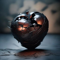 An image of a heart, cracked and fragmented, in a moody setting