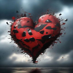 A digital art image showcasing a shattered heart, fragments scattered amidst a tempestuous storm