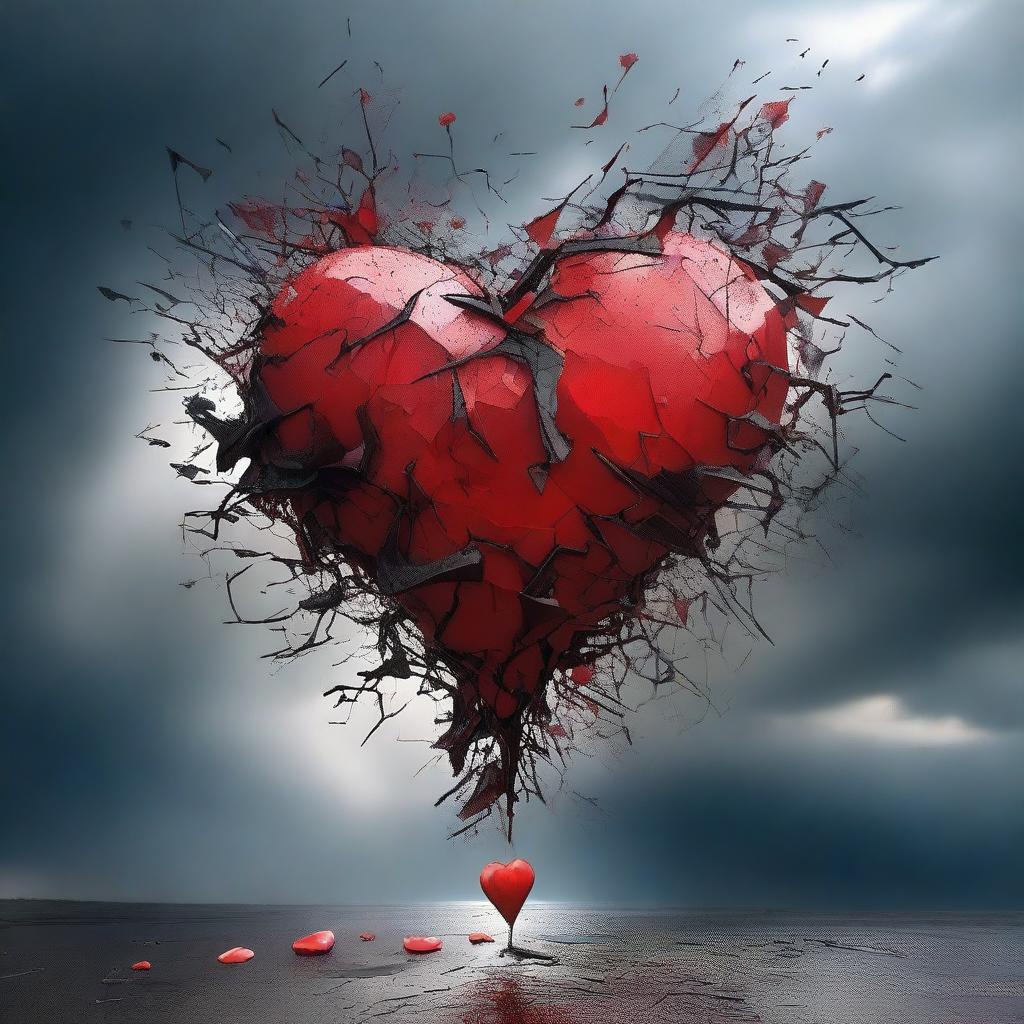 A digital art image showcasing a shattered heart, fragments scattered amidst a tempestuous storm