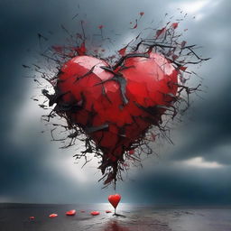 A digital art image showcasing a shattered heart, fragments scattered amidst a tempestuous storm