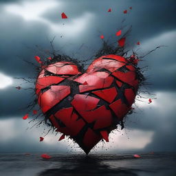 A digital art image showcasing a shattered heart, fragments scattered amidst a tempestuous storm