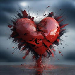 A digital art image showcasing a shattered heart, fragments scattered amidst a tempestuous storm