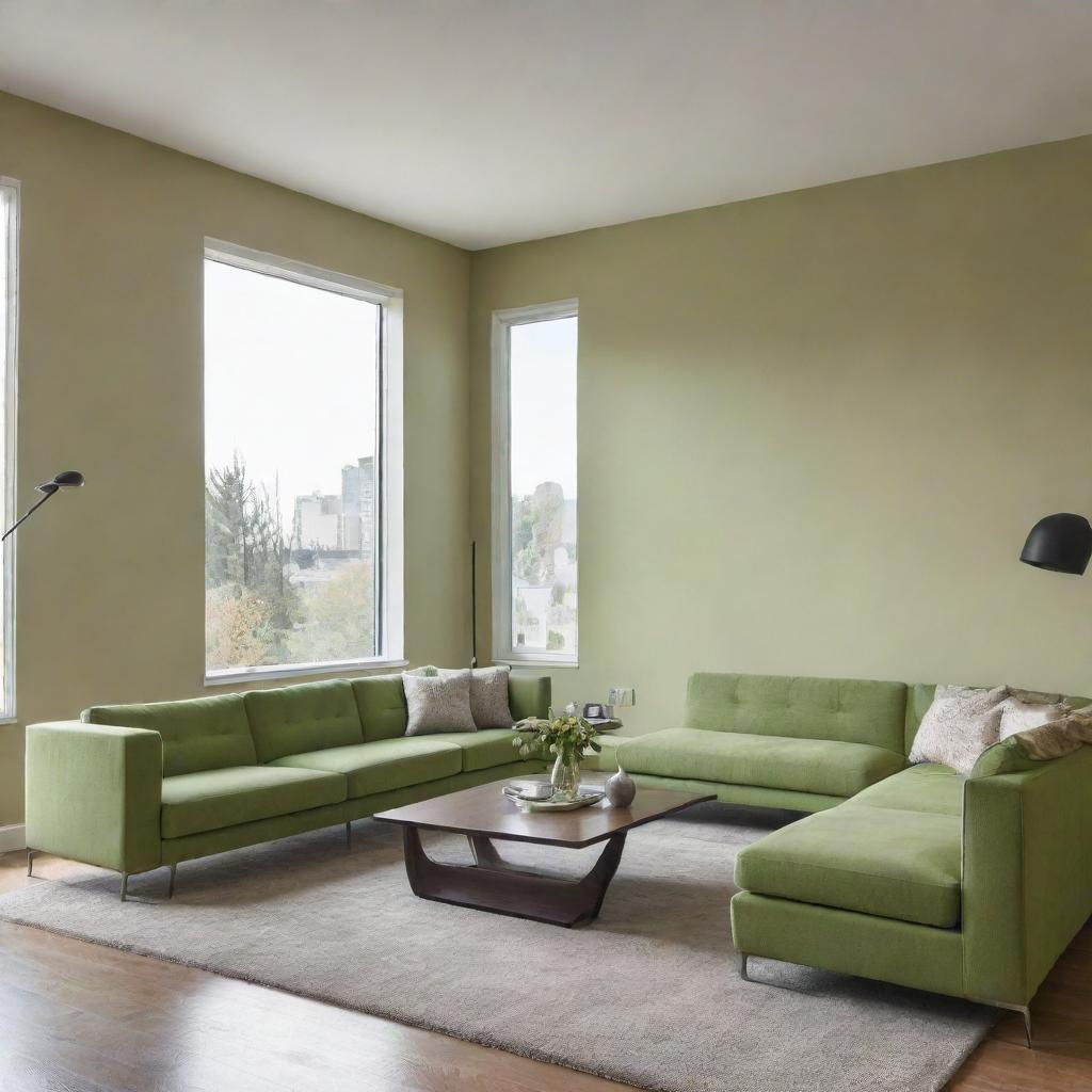 A modern living room with a vibrant green accent wall and three light beige walls. Furnished with sleek, modern decor and large windows to make the room bright.