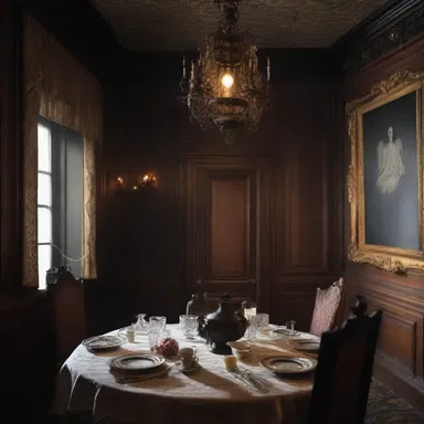 The haunted mansion had a dark and eerie atmosphere, with dusty holloware scattered across the dining room.