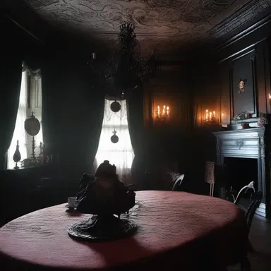 The haunted mansion had a dark and eerie atmosphere, with dusty holloware scattered across the dining room.