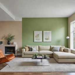 A modern living room with a vibrant green accent wall and three light beige walls. Furnished with sleek, modern decor and large windows to make the room bright.