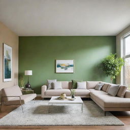 A modern living room with a vibrant green accent wall and three light beige walls. Furnished with sleek, modern decor and large windows to make the room bright.