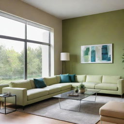 A modern living room with a vibrant green accent wall and three light beige walls. Furnished with sleek, modern decor and large windows to make the room bright.