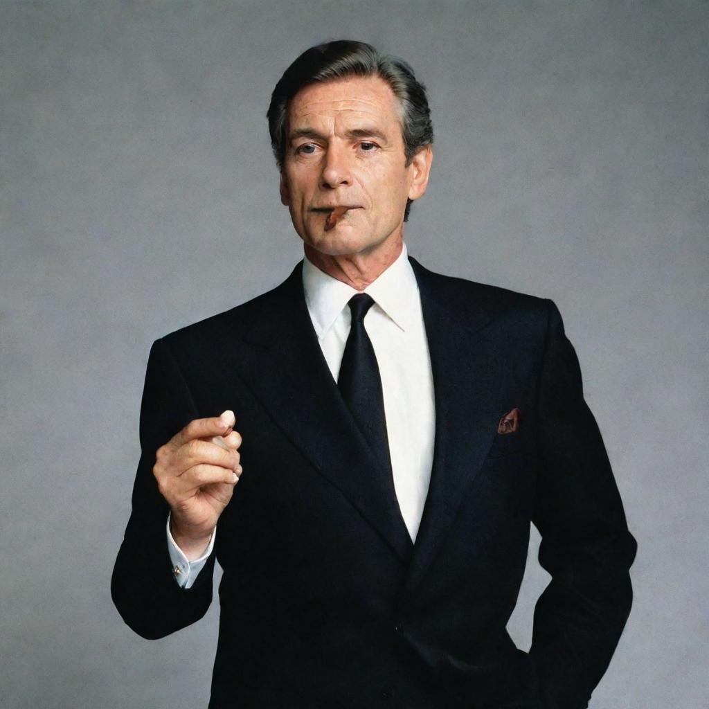 A man from the 1980s, dressed elegantly in a black suit, holding a premium cigar in his hand.